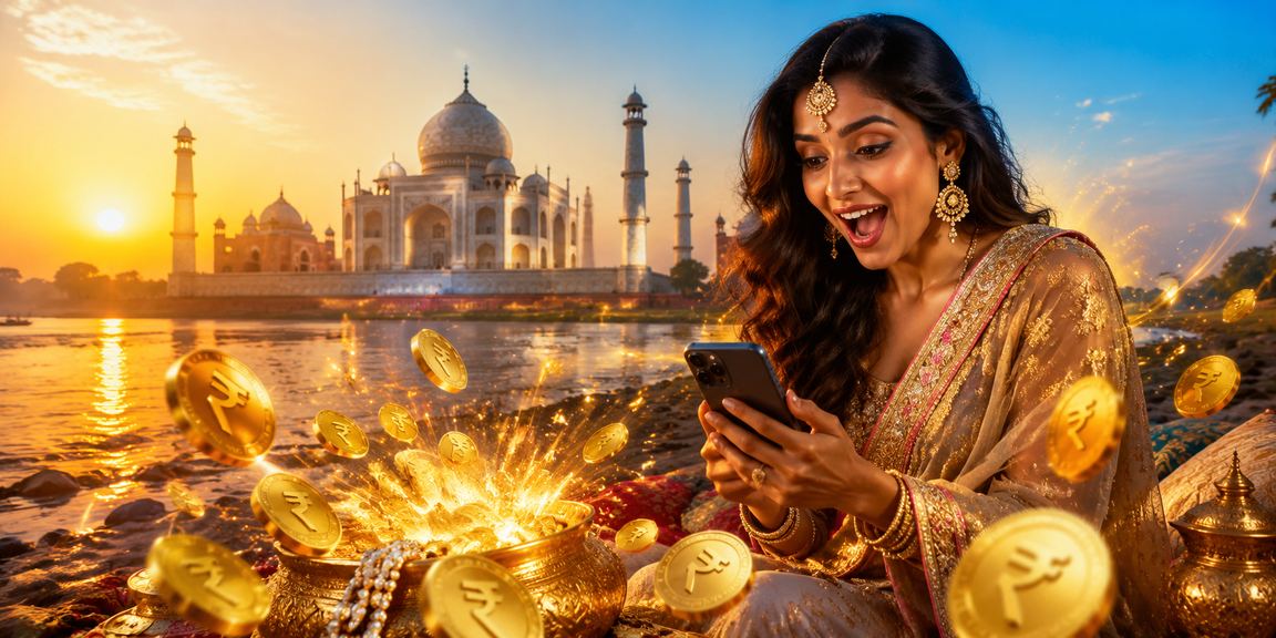 Indian player enjoying VIP bonus at Agra with Taj Mahal background