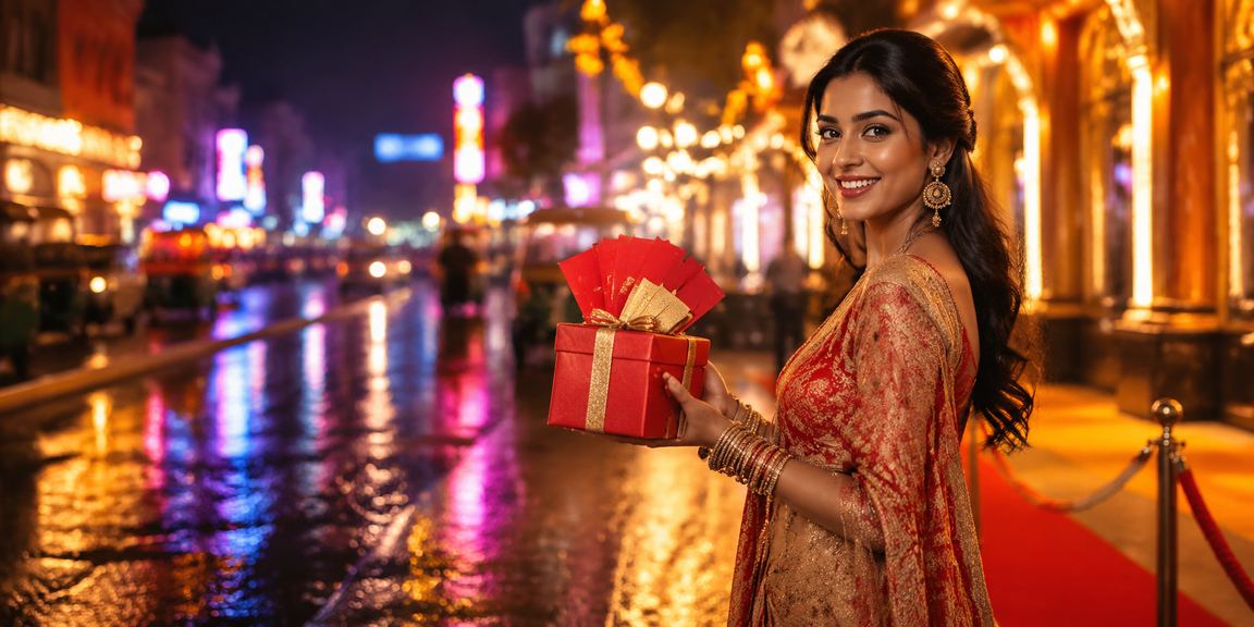 Celebratory neon promotion signs with red envelopes in Lucknow old city